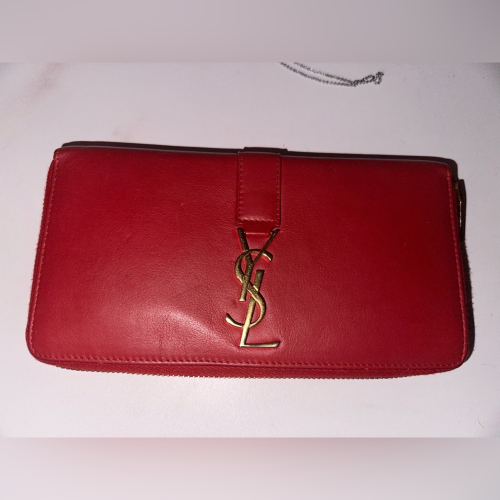 Yves Saint Laurent Red Leather Wallet with Gold YSL Logo